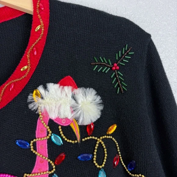 Berek Rare Vintage Tropical Flamingo Christmas Cardigan Sweater M Beaded Sequins - Picture 4 of 12